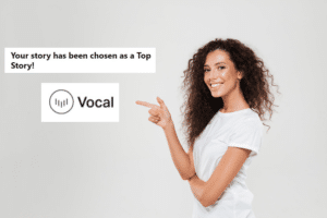 curly haired woman pointing at vocal media logo