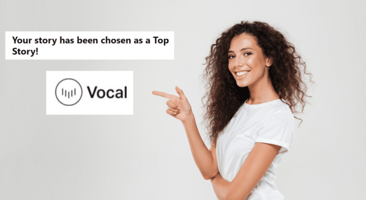 curly haired woman pointing at vocal media logo