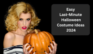 Halloween Party. Sensual girl with big pumpkin. Sexy Witch woman with Jack-o-lantern. Caption text: Easy Last-Minute Halloween Costume Ideas 2024